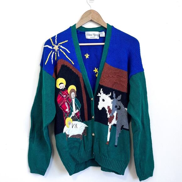 Vintage Sharon Young Womens Christmas Cardigan Sweater Size L Holiday Nativity - Picture 2 of 12